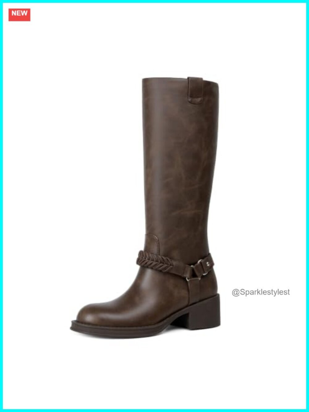 Knee High Boots Chunky Block Heel Braided Strap Faux Leather